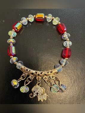 * Czech AB and Red Crystal Elephant Charm Bracelet 7”-8” stretchy NEW Gorgeous!